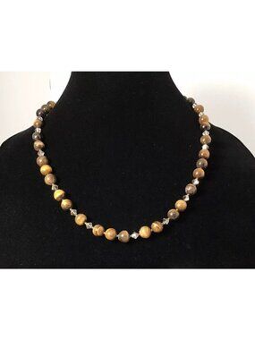 Tiger’s Eye Beaded Necklace Sterling Silver Chain Handmade 22 Inch